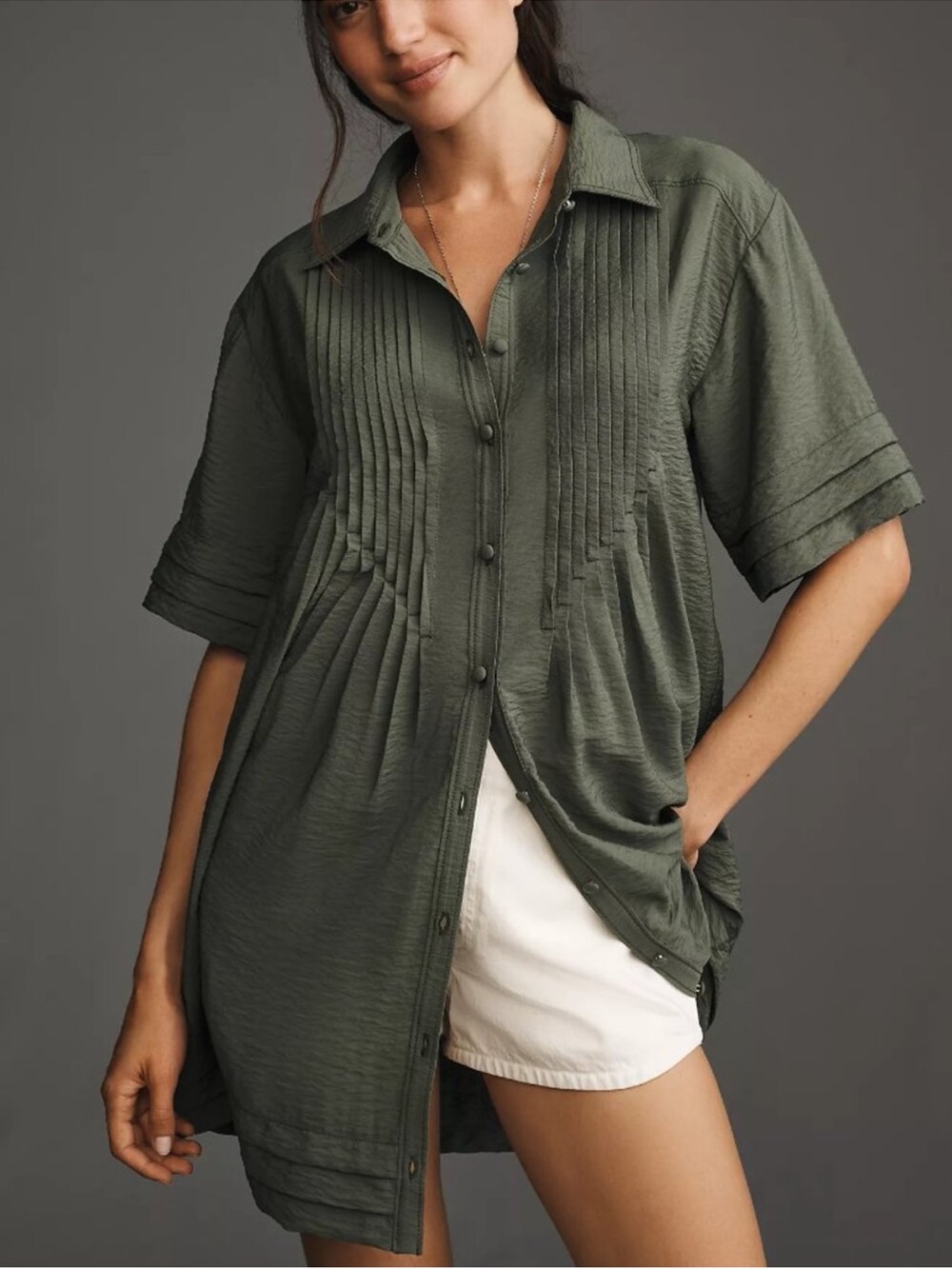 Anthropologie Pilcro Olive Green Short Sleeve Pintuck Tunic Shirt Dress Size Sm